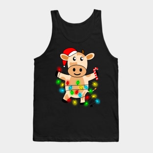 Cow Reindeer Hat Santa Christmas Lights Tank Top